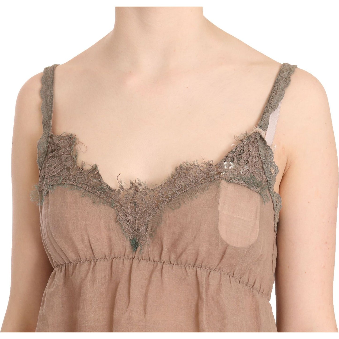 PINK MEMORIES Brown Lace Spaghetti Strap Plunging Top Blouse