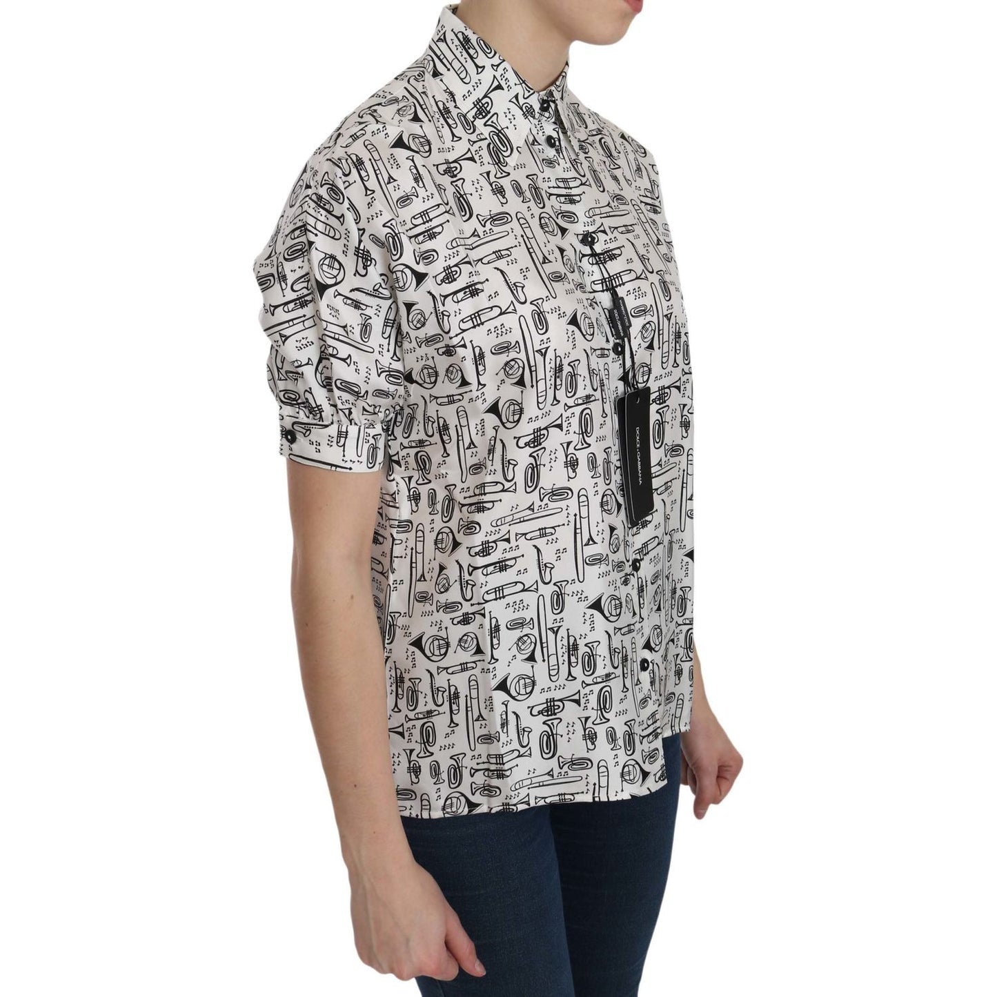 Dolce & Gabbana Musical Instrument Print Silk Collared Top Dolce & Gabbana