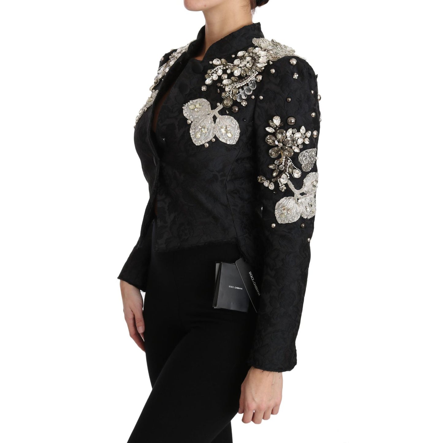 Dolce & Gabbana Black Jacquard Crystal Floral Jacket 1728,28% Silk,47% PL,67345645728,Black,Blazers - Suits & Blazers - Clothing,Clothing,Coats - Jackets & Coats - Clothing,Dolce & Gabbana,IT38|XS,Jackets & Coats - Clothing,Jackets & Coats - Women - Cloth