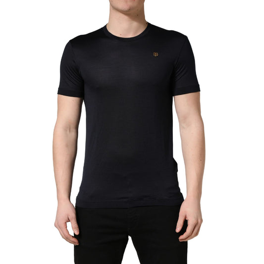Dolce & Gabbana Dark Blue DG Logo Silk Men Crew Neck T-shirt 1728,67345645728,Blue,Clothing,Dolce & Gabbana,IT46 | S,Material: 100% Silk,Men,Preowned / Defect,T-Shirts - Clothing,T-Shirts - T-Shirts - Clothing