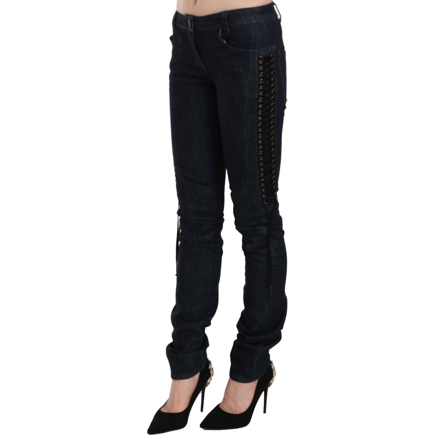 Just Cavalli Blue Low Waist Skinny Trousers Braided String Pants