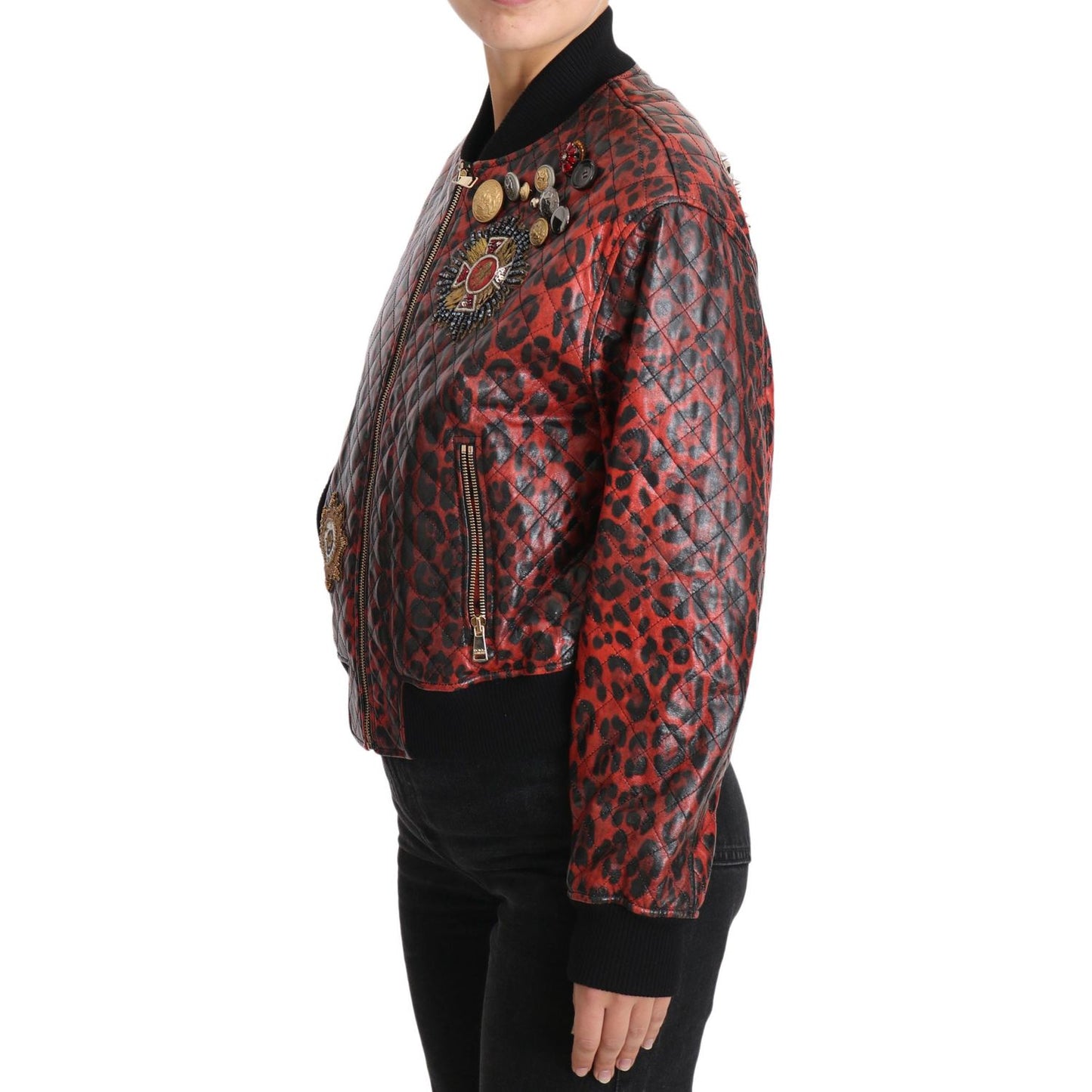 Dolce & Gabbana Red Leopard Button Crystal Leather Jacket 1728,67345645728,Bombers - Jackets & Coats - Clothing,Clothing,Dolce & Gabbana,IT42|M,Jackets & Coats - Clothing,Jackets & Coats - Women - Clothing,Leather Jackets - Jackets & Coats - Clothing,Mate