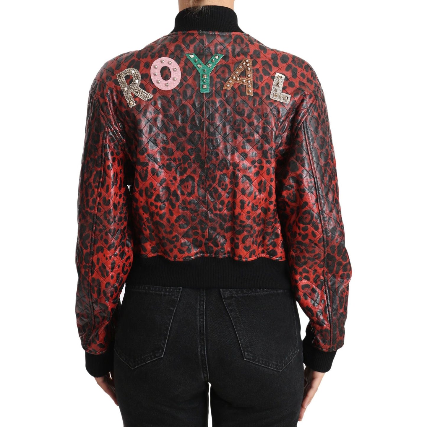 Dolce & Gabbana Red Leopard Button Crystal Leather Jacket 1728,67345645728,Bombers - Jackets & Coats - Clothing,Clothing,Dolce & Gabbana,IT42|M,Jackets & Coats - Clothing,Jackets & Coats - Women - Clothing,Leather Jackets - Jackets & Coats - Clothing,Mate