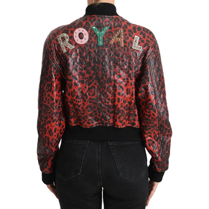Dolce & Gabbana Red Leopard Button Crystal Leather Jacket 1728,67345645728,Bombers - Jackets & Coats - Clothing,Clothing,Dolce & Gabbana,IT42|M,Jackets & Coats - Clothing,Jackets & Coats - Women - Clothing,Leather Jackets - Jackets & Coats - Clothing,Mate