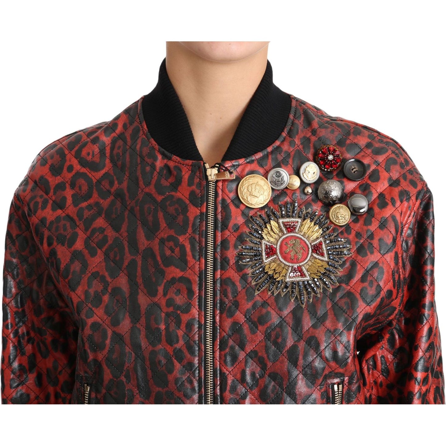 Dolce & Gabbana Red Leopard Button Crystal Leather Jacket 1728,67345645728,Bombers - Jackets & Coats - Clothing,Clothing,Dolce & Gabbana,IT42|M,Jackets & Coats - Clothing,Jackets & Coats - Women - Clothing,Leather Jackets - Jackets & Coats - Clothing,Mate