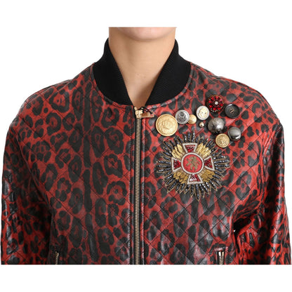 Dolce & Gabbana Red Leopard Button Crystal Leather Jacket 1728,67345645728,Bombers - Jackets & Coats - Clothing,Clothing,Dolce & Gabbana,IT42|M,Jackets & Coats - Clothing,Jackets & Coats - Women - Clothing,Leather Jackets - Jackets & Coats - Clothing,Mate