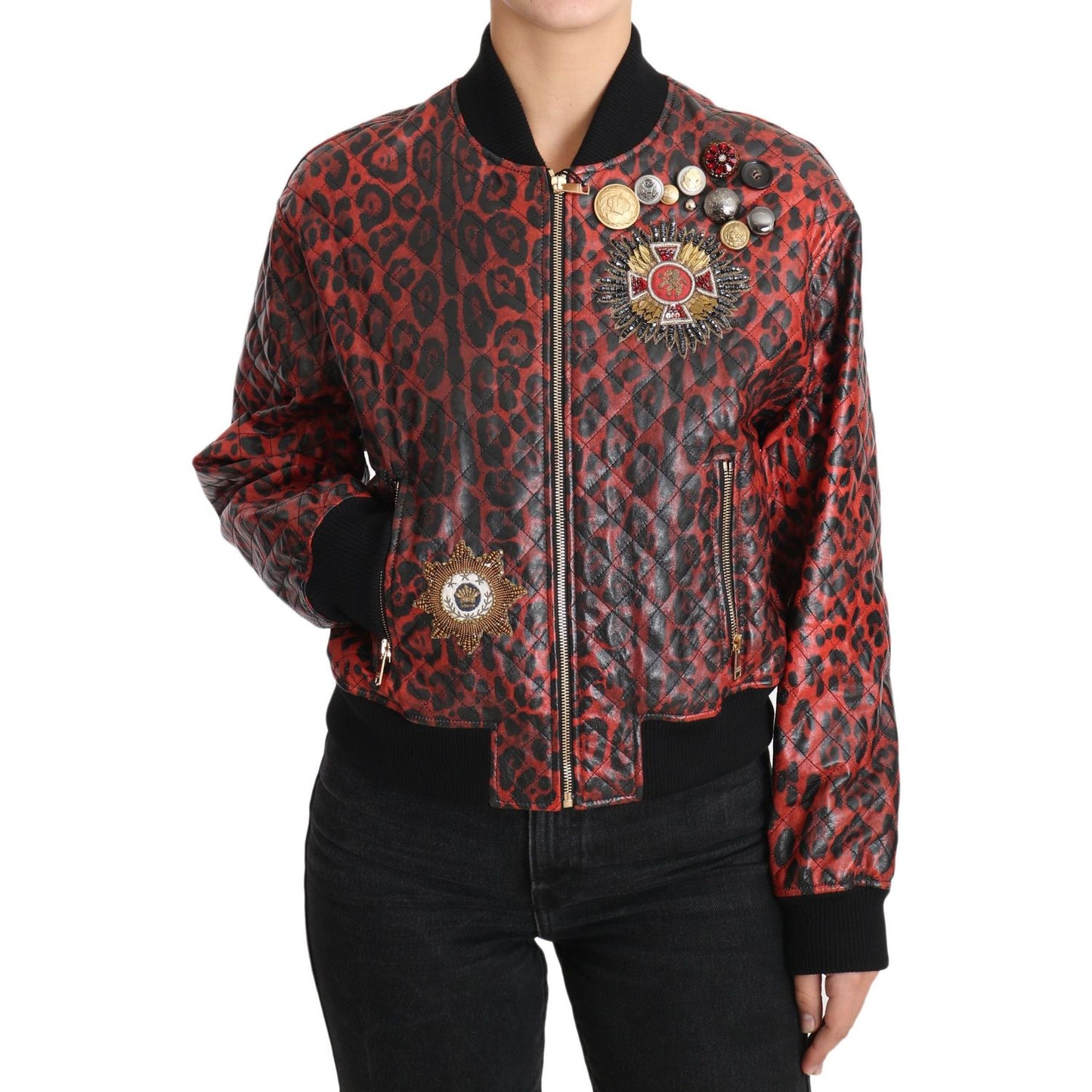 Dolce & Gabbana Red Leopard Button Crystal Leather Jacket 1728,67345645728,Bombers - Jackets & Coats - Clothing,Clothing,Dolce & Gabbana,IT42|M,Jackets & Coats - Clothing,Jackets & Coats - Women - Clothing,Leather Jackets - Jackets & Coats - Clothing,Mate