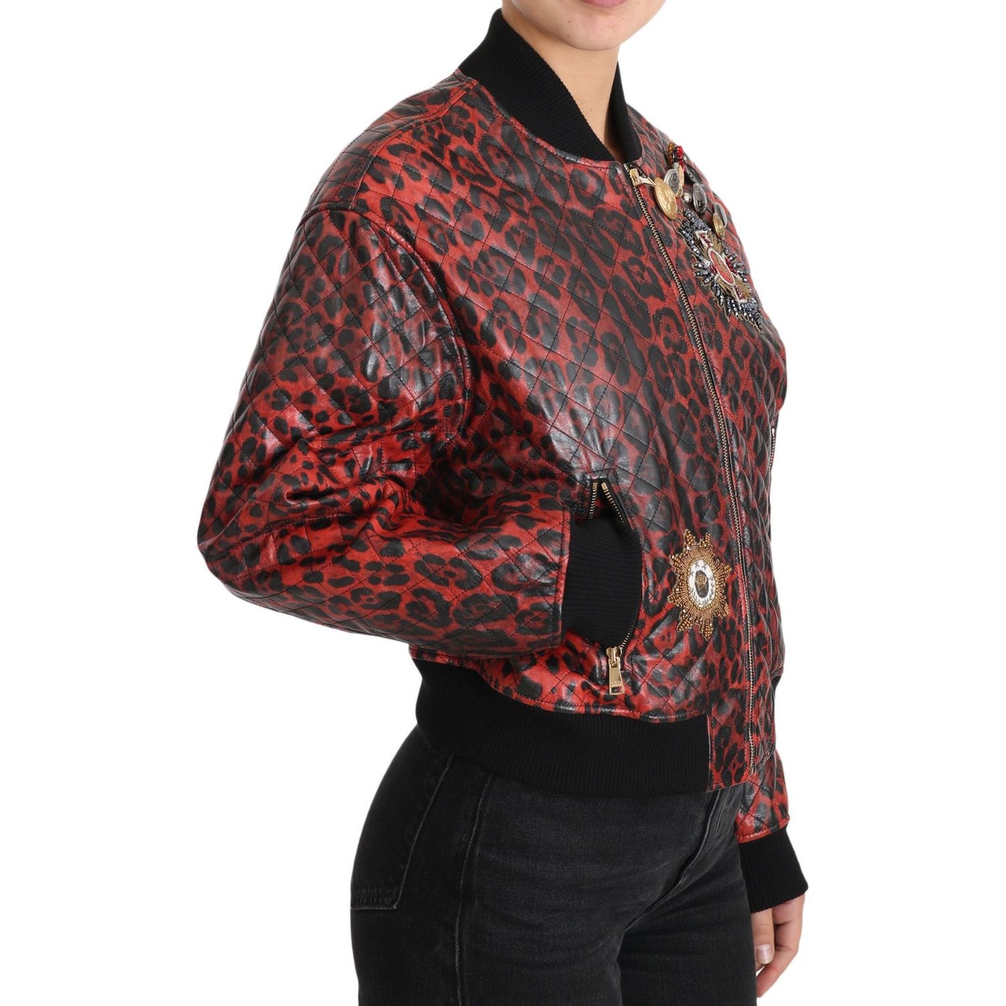 Dolce & Gabbana Red Leopard Button Crystal Leather Jacket 1728,67345645728,Bombers - Jackets & Coats - Clothing,Clothing,Dolce & Gabbana,IT42|M,Jackets & Coats - Clothing,Jackets & Coats - Women - Clothing,Leather Jackets - Jackets & Coats - Clothing,Mate