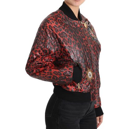Dolce & Gabbana Red Leopard Button Crystal Leather Jacket 1728,67345645728,Bombers - Jackets & Coats - Clothing,Clothing,Dolce & Gabbana,IT42|M,Jackets & Coats - Clothing,Jackets & Coats - Women - Clothing,Leather Jackets - Jackets & Coats - Clothing,Mate