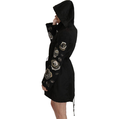 John Richmond Floral Sequined Beaded Hooded Jacket Coat 1728,67345645728,Black,Clothing,IT40|S,Jackets & Coats - Clothing,Jackets & Coats - Women - Clothing,John Richmond,Material: 100% Cotton,New with tags,Parkas - Jackets & Coats - Clothing,Women,Women