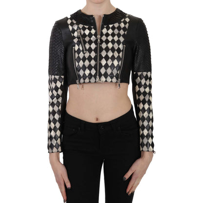 John Richmond Black White Leather Short Cropped Biker Jacket Coat 1728,67345645728,Biker Jackets - Jackets & Coats - Clothing,Black/White,Clothing,IT38|XS,Jackets & Coats - Clothing,Jackets & Coats - Women - Clothing,John Richmond,Leather Jackets - Jacket