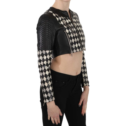 John Richmond Black White Leather Short Cropped Biker Jacket Coat 1728,67345645728,Biker Jackets - Jackets & Coats - Clothing,Black/White,Clothing,IT38|XS,Jackets & Coats - Clothing,Jackets & Coats - Women - Clothing,John Richmond,Leather Jackets - Jacket