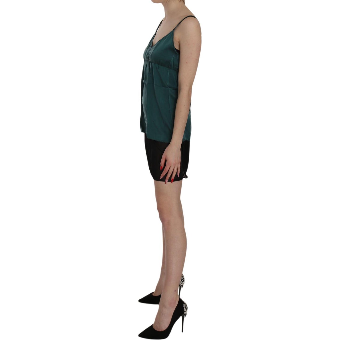 PINK MEMORIES Silk Green Spaghetti Strap Shift Mini Dress