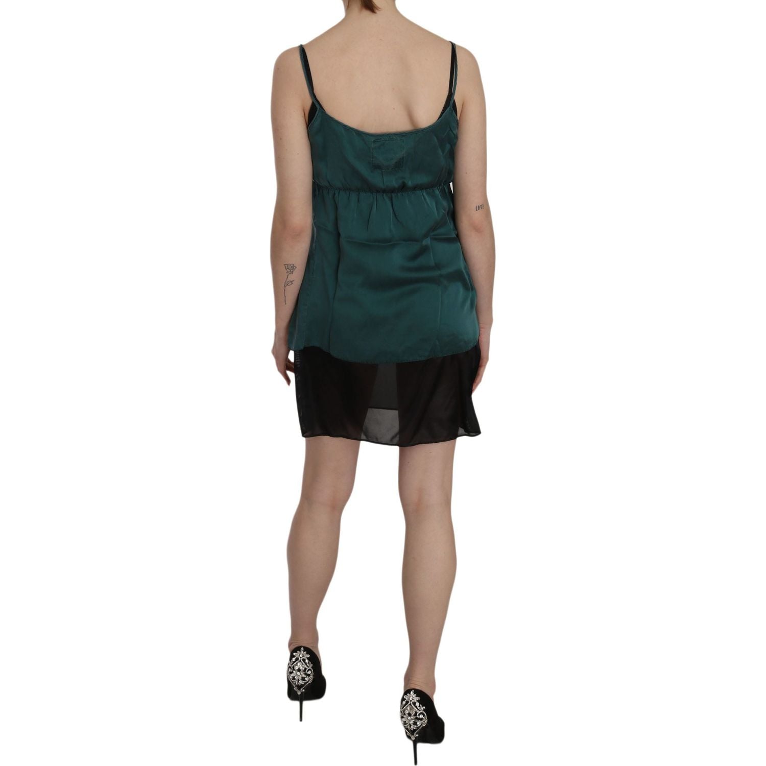 PINK MEMORIES Silk Green Spaghetti Strap Shift Mini Dress