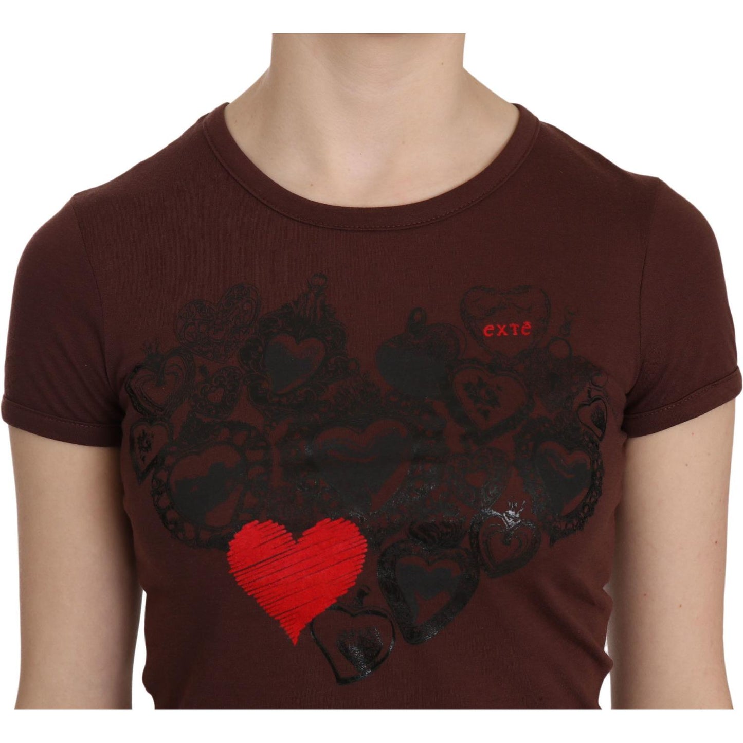 Exte Chic Brown Heart Print Crew Neck Top Exte