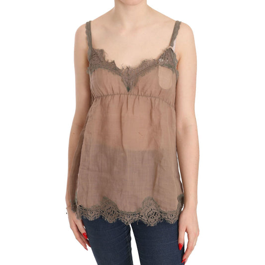 PINK MEMORIES Elegant Lace Brown Linen Blouse PINK MEMORIES