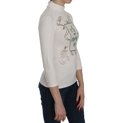 Exte White Printed Turtle Neck 3/4 Sleeve Top Cotton Blouse Exte