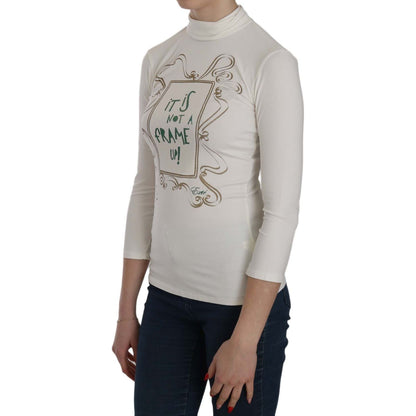 Exte White Printed Turtle Neck 3/4 Sleeve Top Cotton Blouse Exte