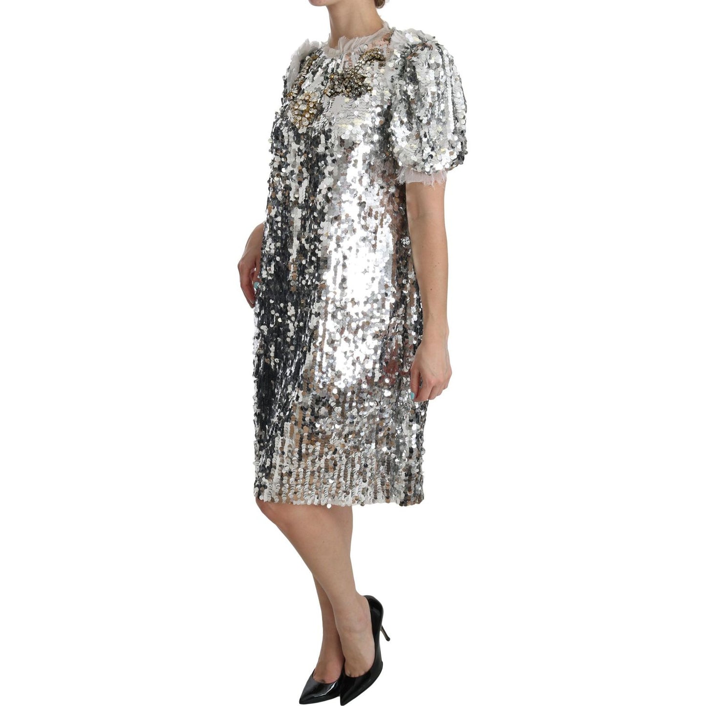 Dolce & Gabbana Elegant Silver A-Line Dress with Crystal Accents Dolce & Gabbana