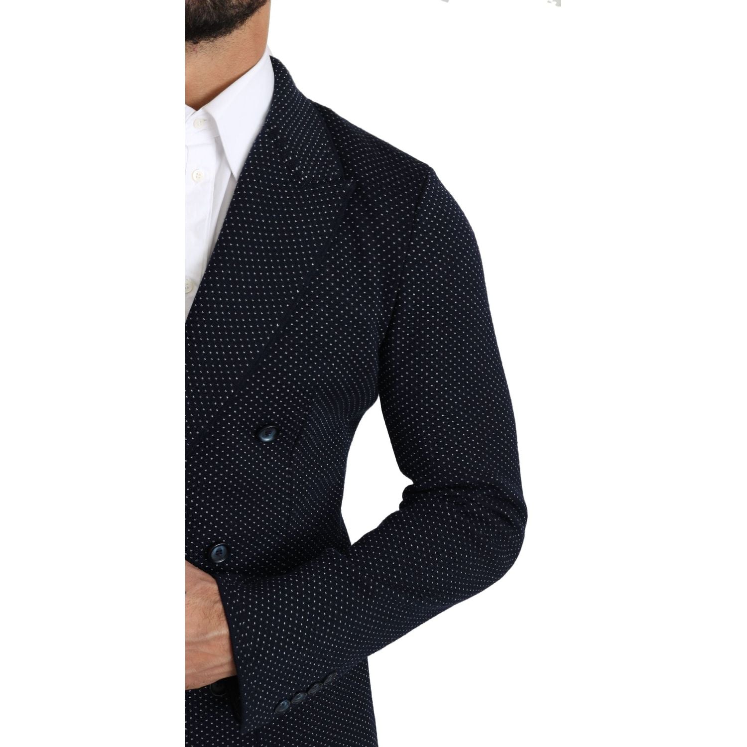 Dolce & Gabbana Dark Blue Dotted Double Breasted Coat Blazer