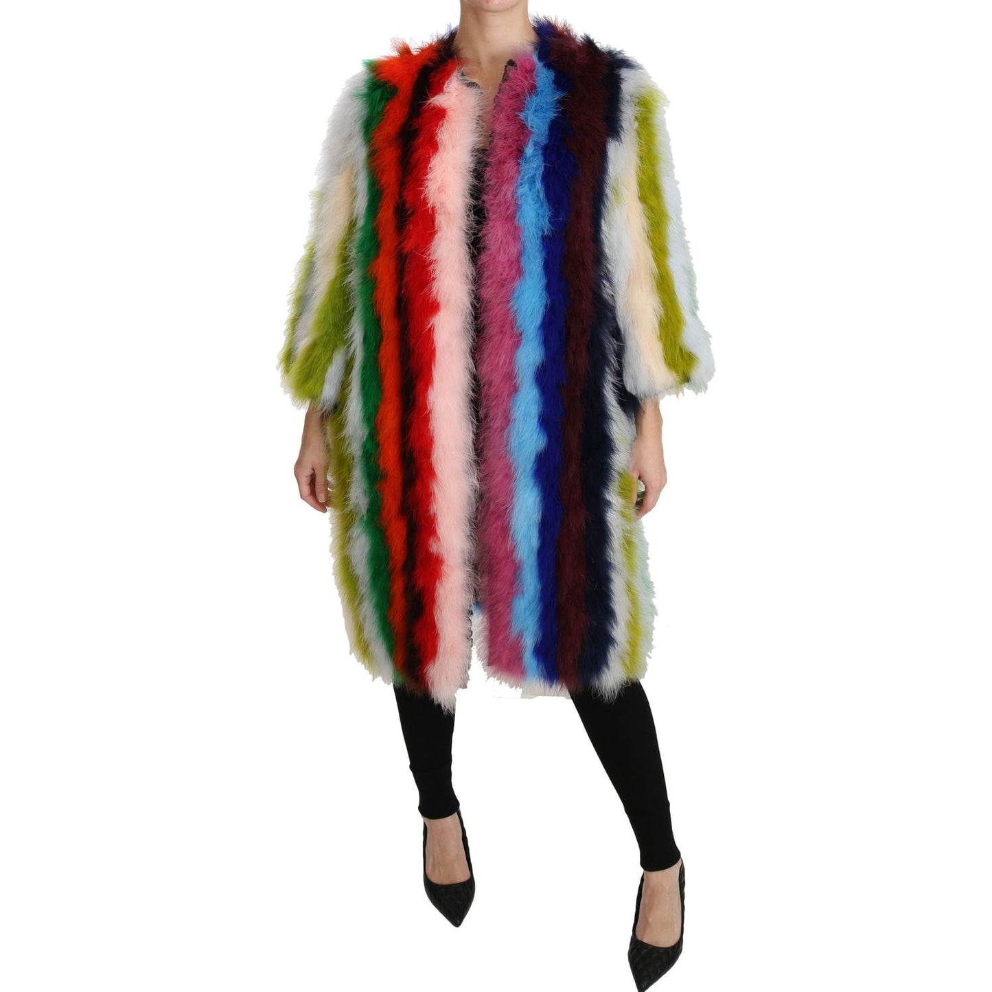 Dolce & Gabbana Elegant Multicolor Feather Long Coat Jacket Coats & Jackets Dolce & Gabbana