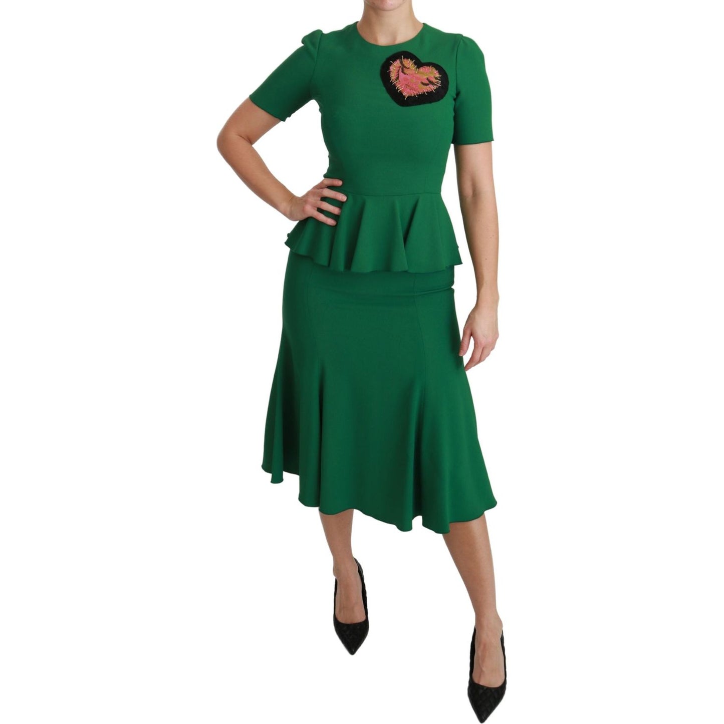 Dolce & Gabbana Green Heart Patch Mermaid Midi Viscose Dress