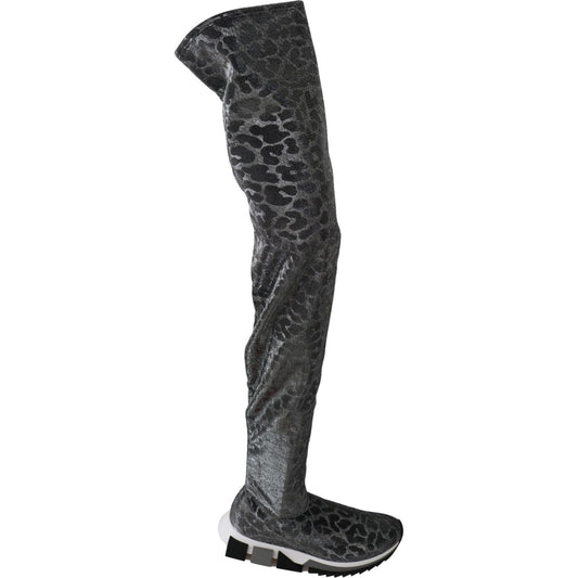 Dolce & Gabbana Gray Leopard High Top Sneakers Booties Shoes 1728,67345645728,Boots - Shoes,Boots - Women - Shoes,Dolce & Gabbana,EU35/US4.5,Flat - Boots - Shoes,Gray,Material: 70% Nylon 20% Polystyrene 10% Spandex,New with tags,Over The Knee - Boots - Sh