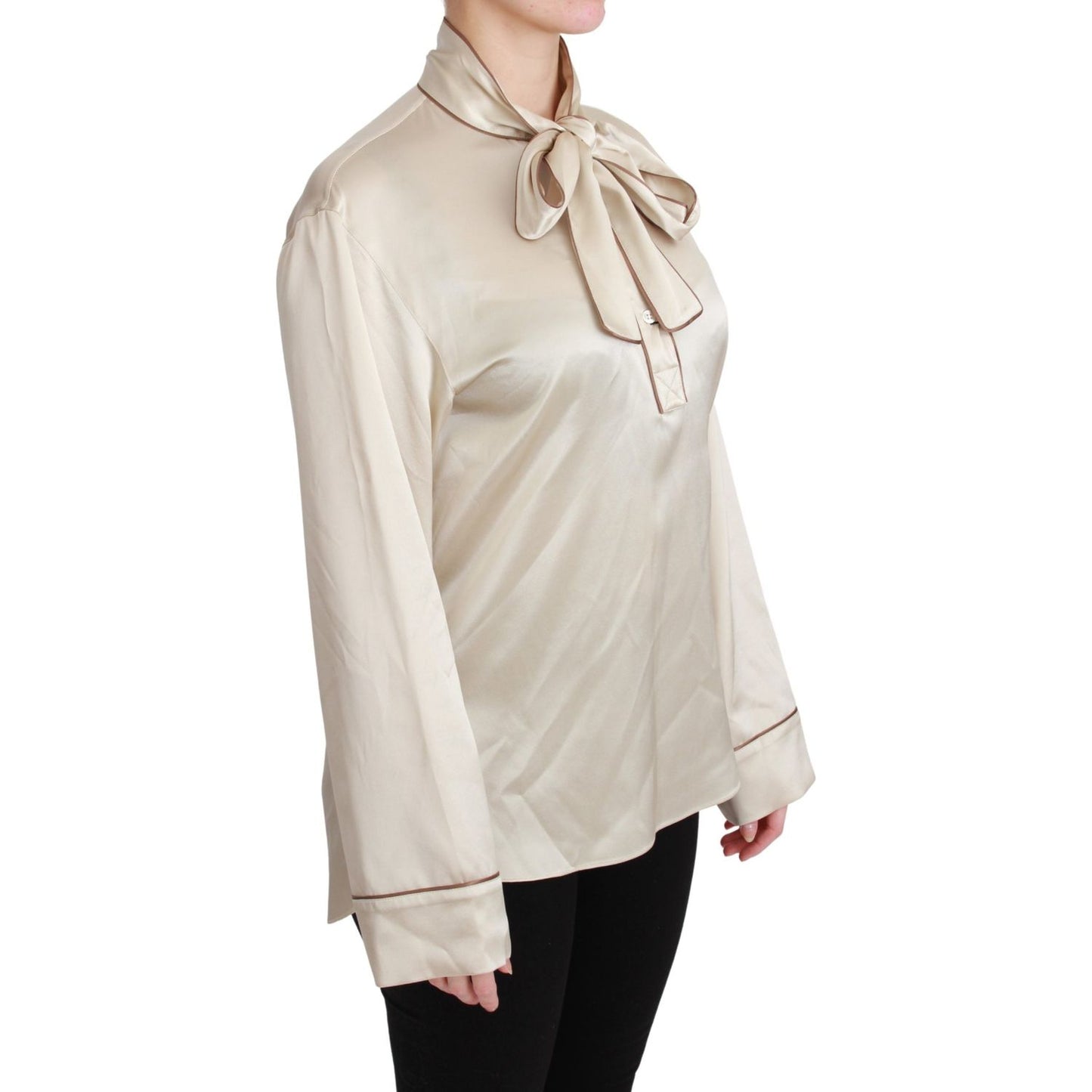 Dolce & Gabbana Elegant Beige Silk Satin Blouse with QUEEN Embroidery Dolce & Gabbana