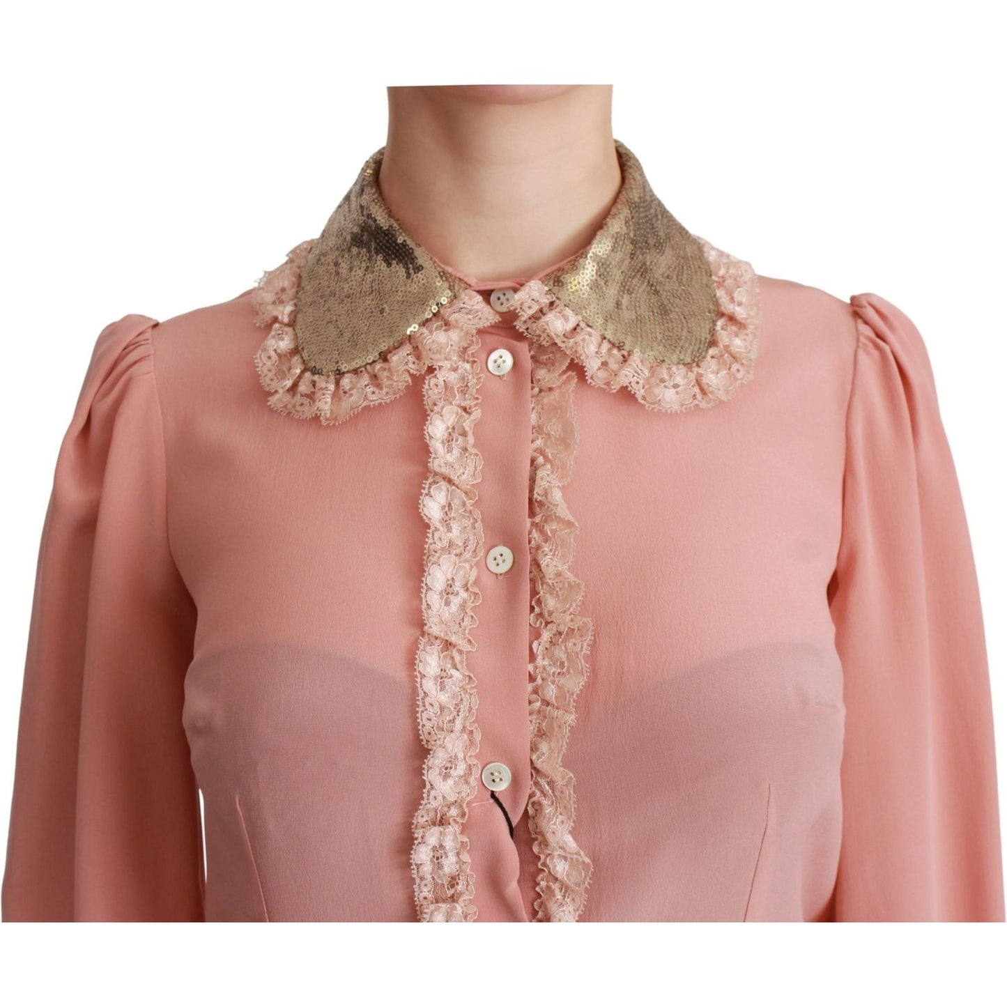 Dolce & Gabbana Elegant Pink Lace Silk Blouse with Gold Sequins Dolce & Gabbana