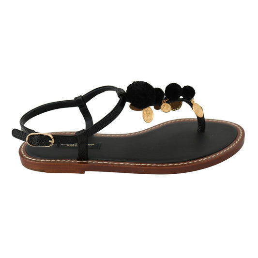 Dolce & Gabbana Black Leather Coins Flip Flops Sandals Shoes 1728,67345645728,Black,Dolce & Gabbana,EU35/US4.5,Flat - Sandals - Shoes,Flat Shoes - Women - Shoes,Flip-Flop Sandals - Sandals - Shoes,Material: 100% Leather,New with tags,Sandals - Shoes,Shoes