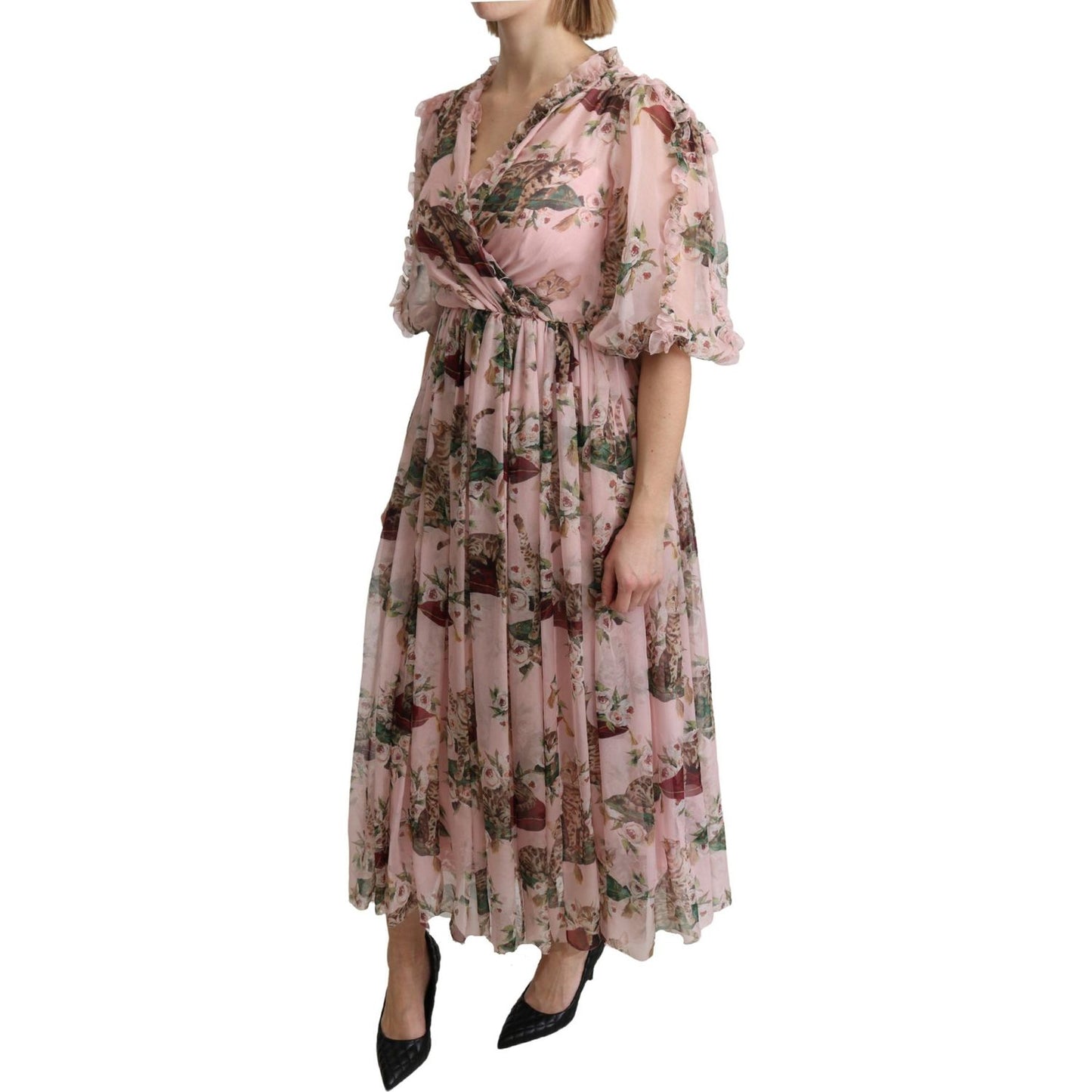 Dolce & Gabbana Elegant Pink Bengal Cat Print A-Line Maxi Dress Dolce & Gabbana