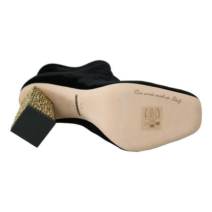 Dolce & Gabbana Black Velvet Crystal Square Heels Shoes