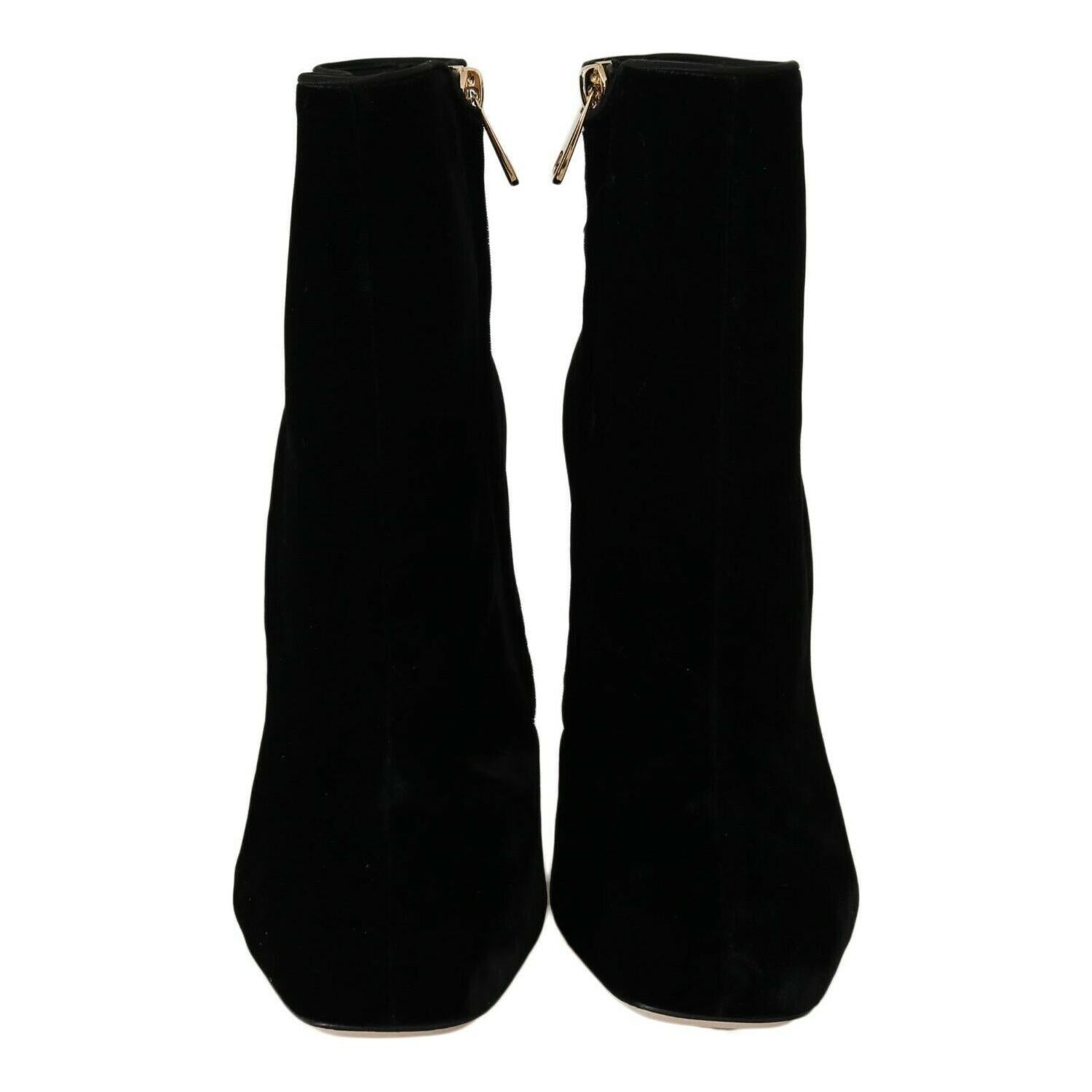 Dolce & Gabbana Black Velvet Crystal Square Heels Shoes