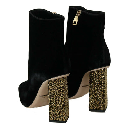 Dolce & Gabbana Black Velvet Crystal Square Heels Shoes
