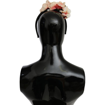 Dolce & Gabbana Pink Silk Black Floral Headband Logo Diadem