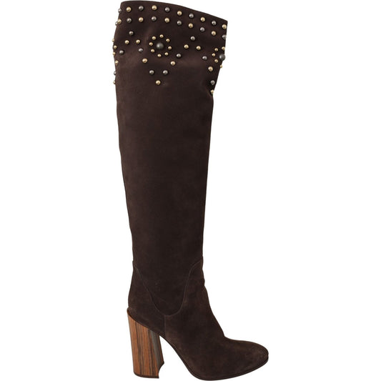 Dolce & Gabbana Brown Suede Studded Knee High Shoes Boots 1728,67345645728,Boots - Shoes,Boots - Women - Shoes,Brown,Dolce & Gabbana,EU39/US8.5,High Heel - Boots - Shoes,Material: Suede,New with tags,Over The Knee - Boots - Shoes,Shoes,Women,Women - Shoes