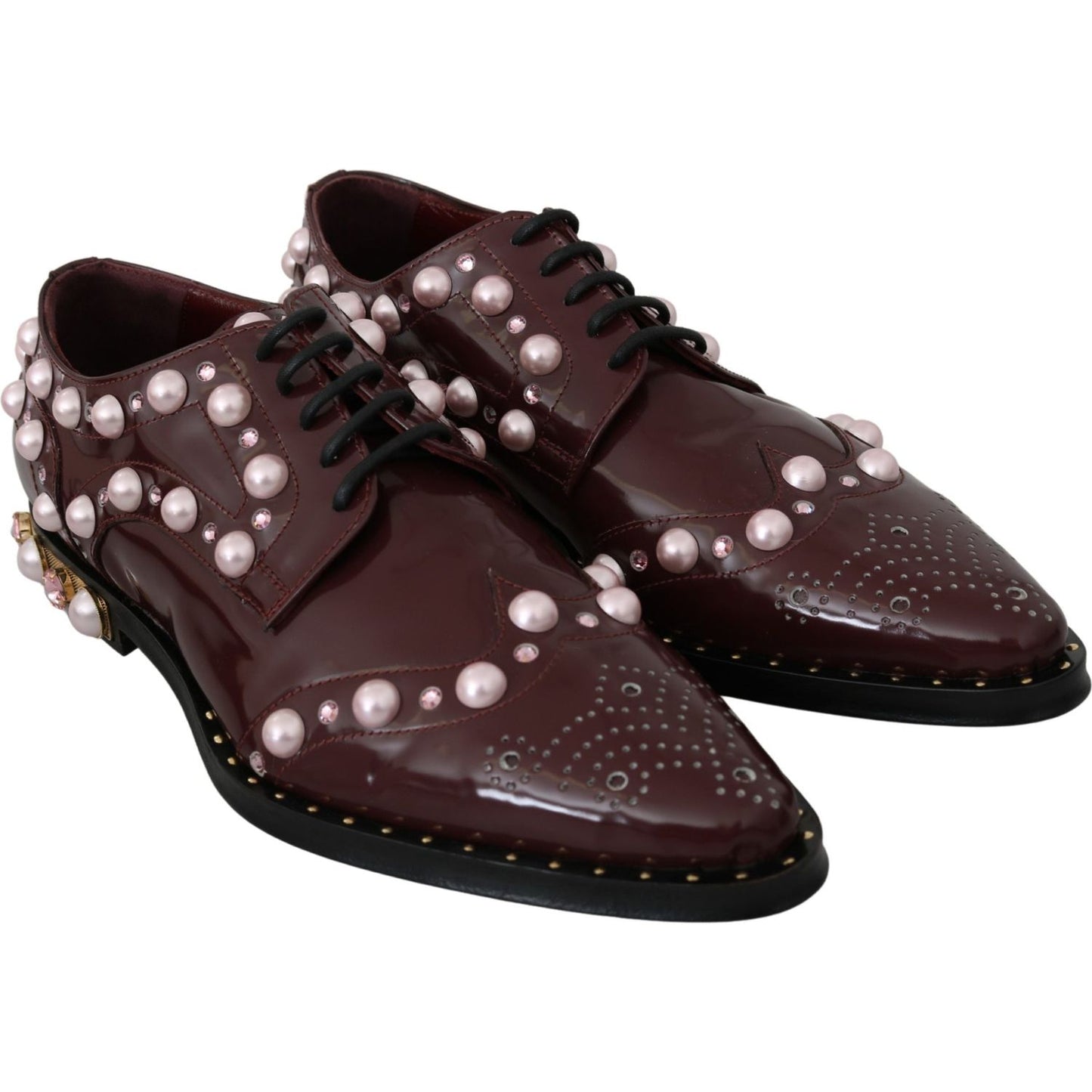 Dolce & Gabbana Elegant Bordeaux Lace-Up Flats with Pearls and Crystals Dolce & Gabbana