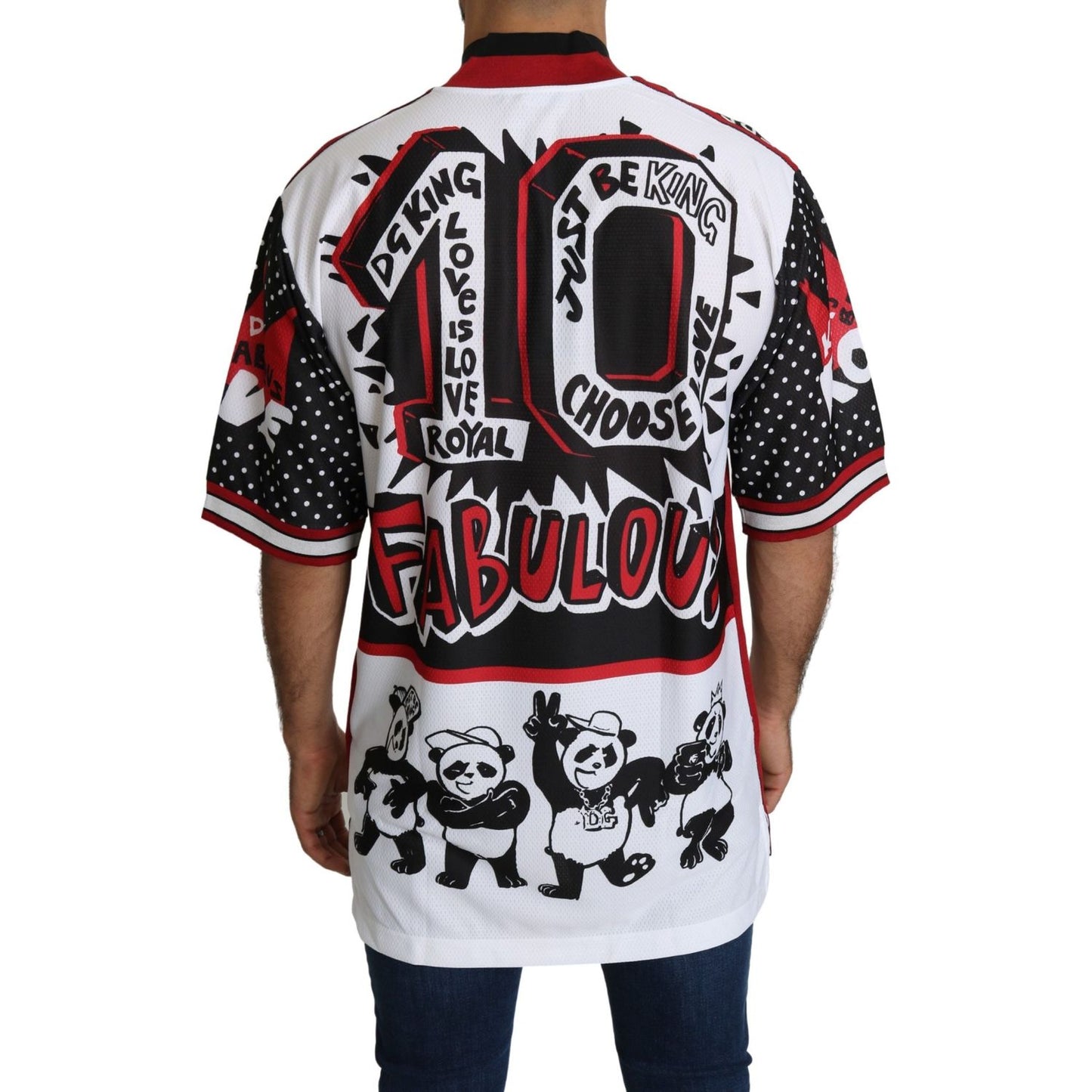 Dolce & Gabbana Chic White King Panda Print Zipper Collar Tee Dolce & Gabbana