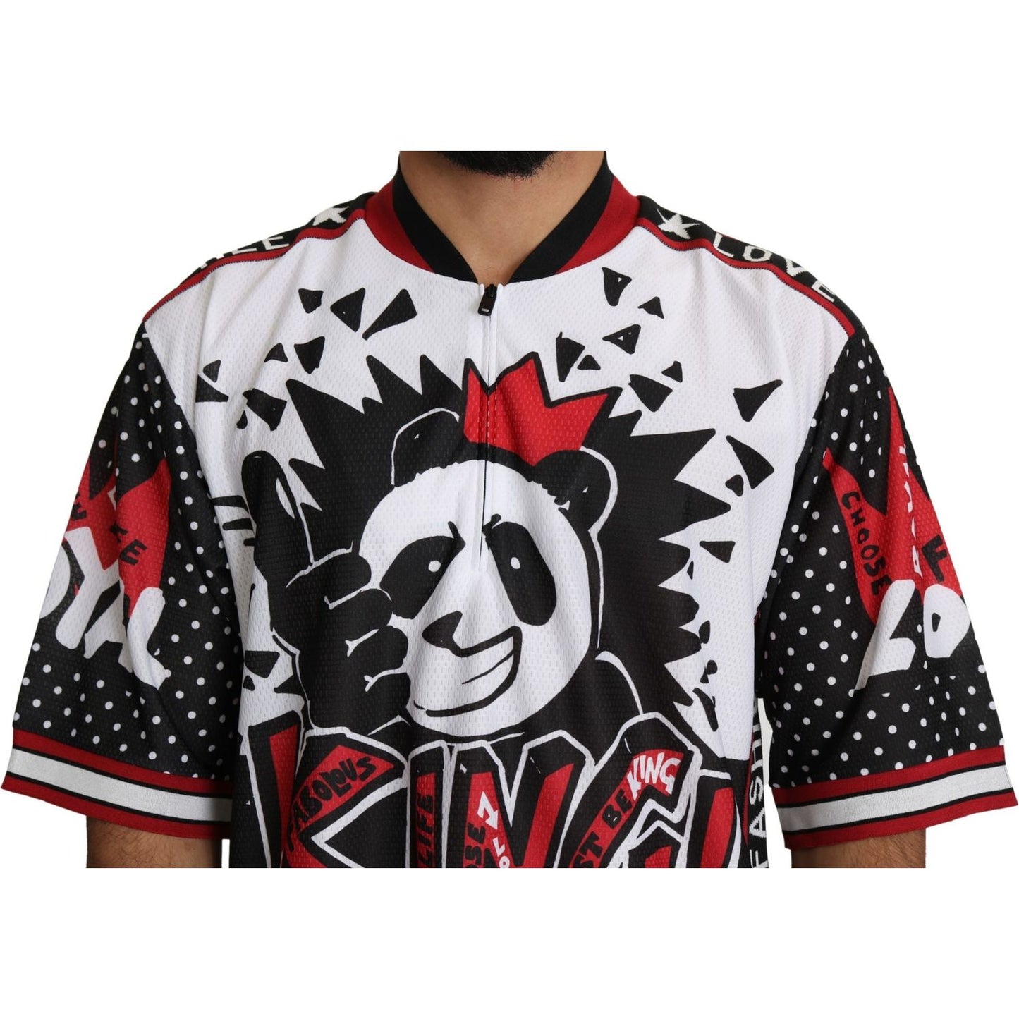 Dolce & Gabbana Chic White King Panda Print Zipper Collar Tee Dolce & Gabbana