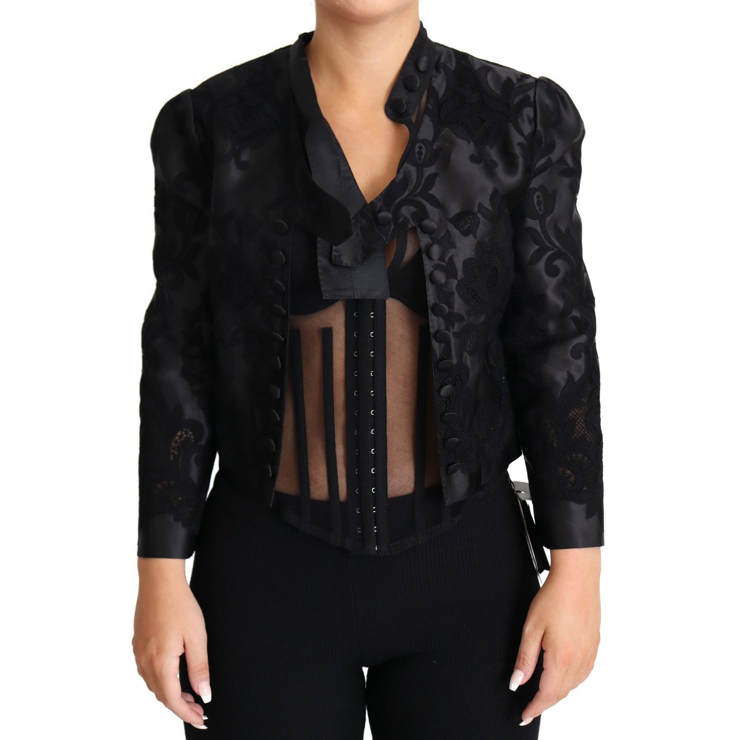 Dolce & Gabbana Black Lace Sheer Corset Organza Silk Jacket 1728,67345645728,Black,Blazers - Suits & Blazers - Clothing,Clothing,Coats - Jackets & Coats - Clothing,Dolce & Gabbana,IT46|XL,Jackets & Coats - Clothing,Jackets & Coats - Women - Clothing,New w