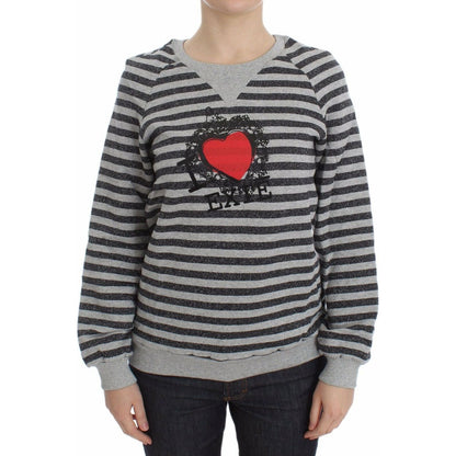Exte Gray Striped Cotton Crewneck Sweater Exte