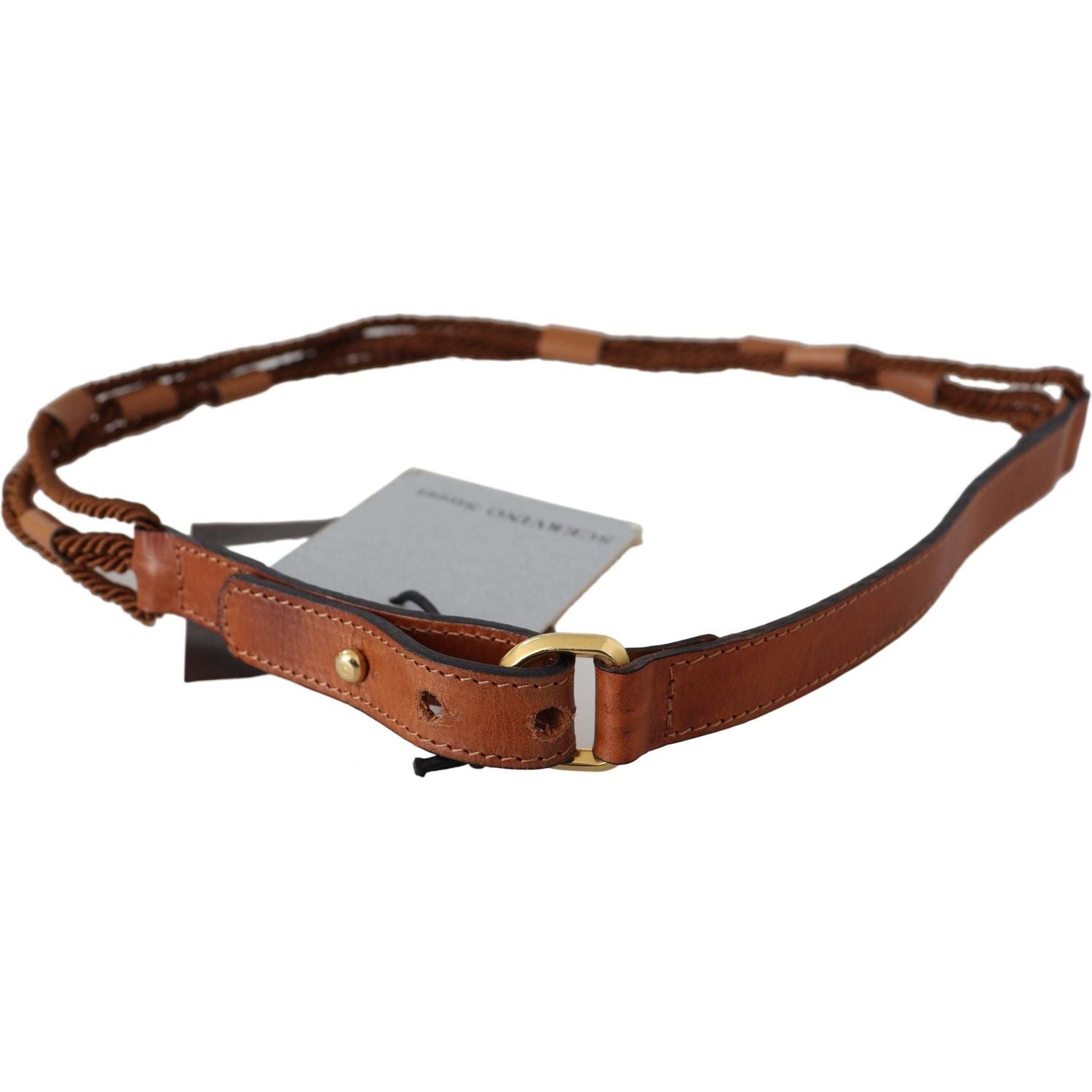 Scervino Street Brown Leather Braided Rope Gold Buckle  Belt