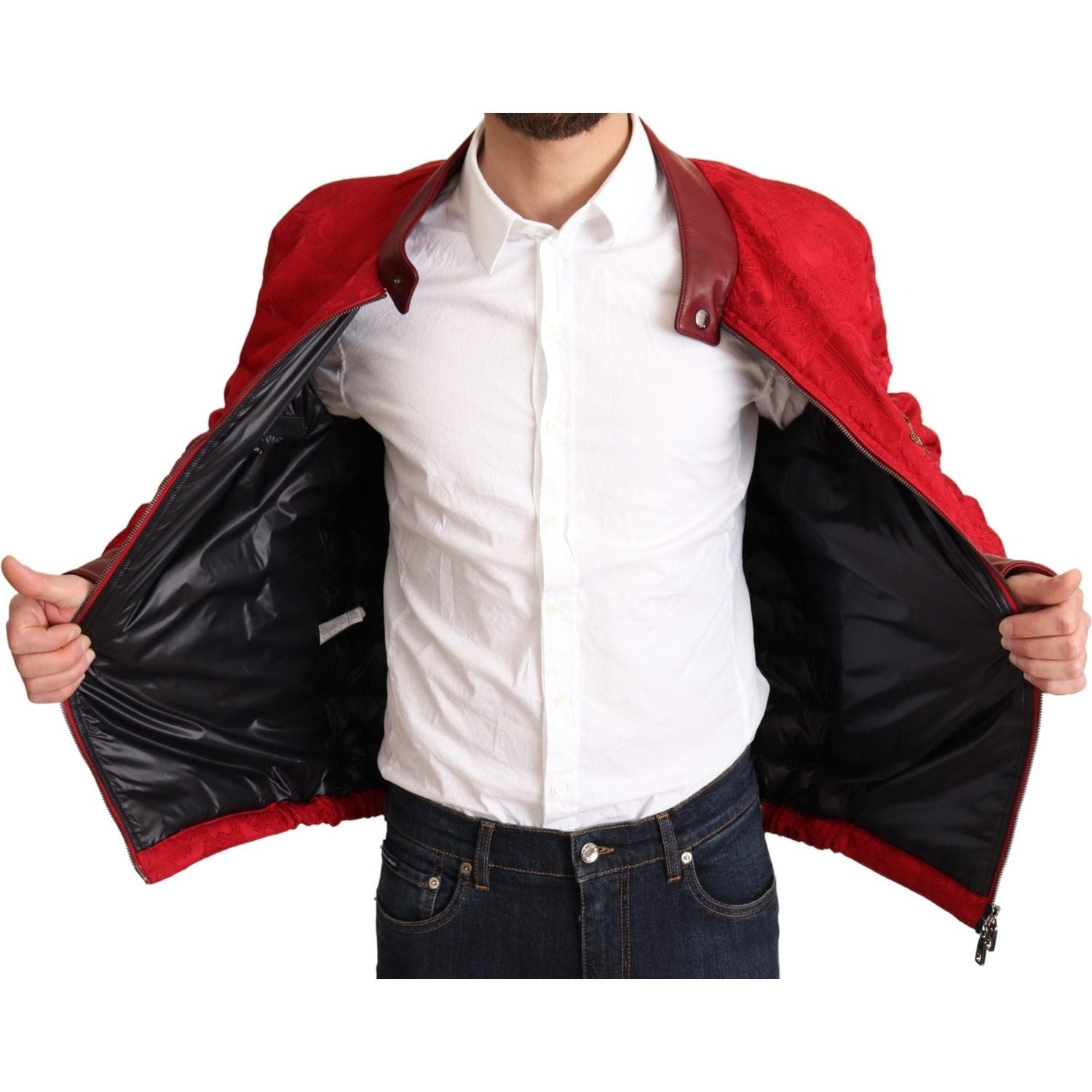 Dolce & Gabbana Red Brocade Bomber Gold Crown Logo Coat Jacket