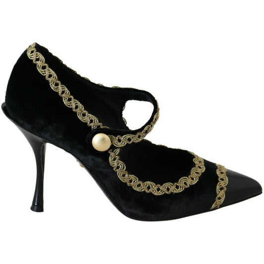 Dolce & Gabbana Black Embellished Velvet Mary Jane Pumps Shoes 1728,67345645728,Black,Dolce & Gabbana,EU35.5/US5,EU35/US4.5,EU36.5/US6,EU36/US5.5,EU37.5/US7,Material: 29% Viscose 20% Cotton 19% Calfskin 14% Acetate 10% Silk 6% Polyester 2% Lambskin,Mid He