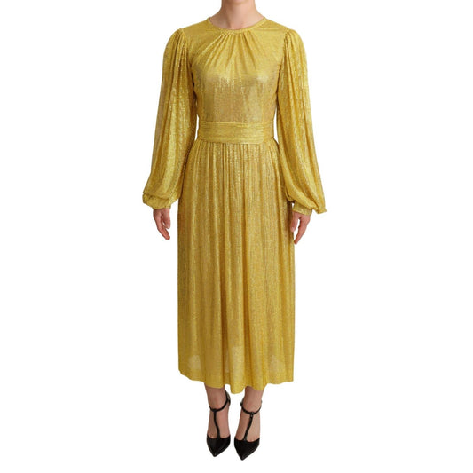 Dolce & Gabbana Yellow Crystal Mesh Pleated Maxi Dress