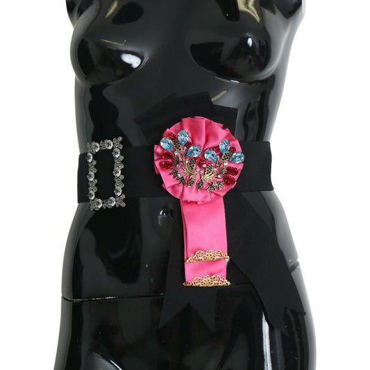 Dolce & Gabbana Black Pink Flower Brooch Crystals Cotton Belt