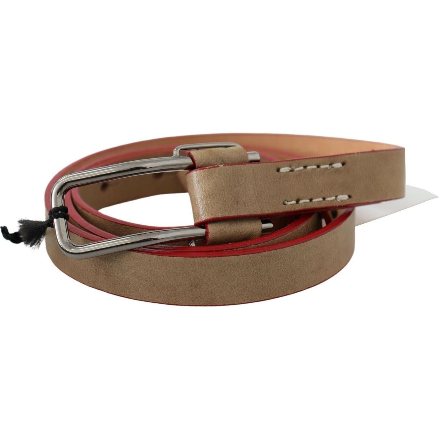 Costume National Beige Leather Silver Logo Buckle Waist Belt