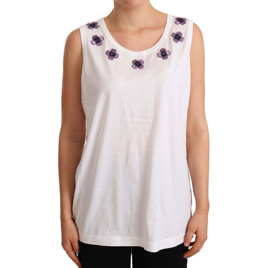 Dolce & Gabbana Floral Trim Logo Tank Top in White WOMAN T-SHIRTS Dolce & Gabbana