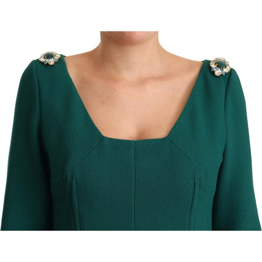 Dolce & Gabbana Emerald Green Midi Sheath Dress with Crystal Brooch Dolce & Gabbana