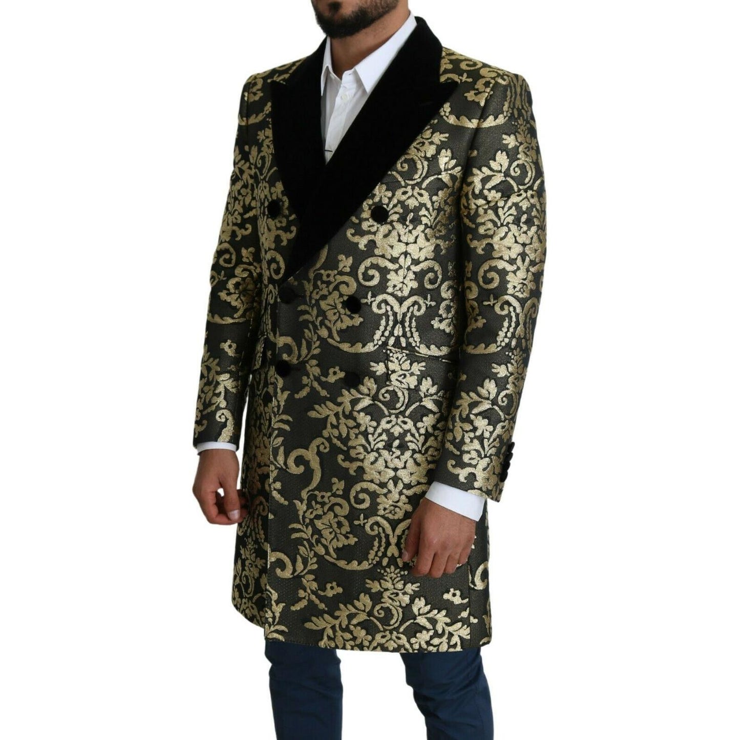 Dolce & Gabbana Gold Black Sicilia Jacquard Double-Breasted Coat Dolce & Gabbana